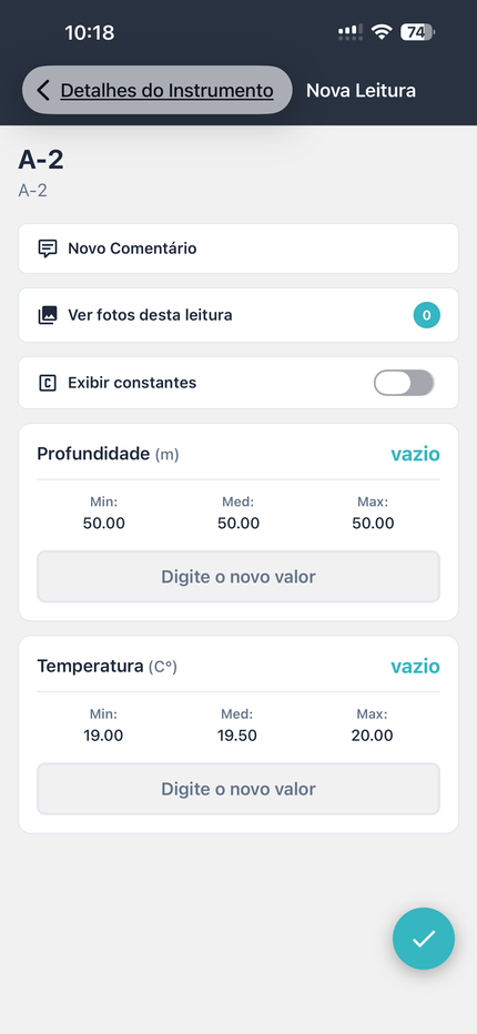 Tela de nova leitura no aplicativo Atalayas
